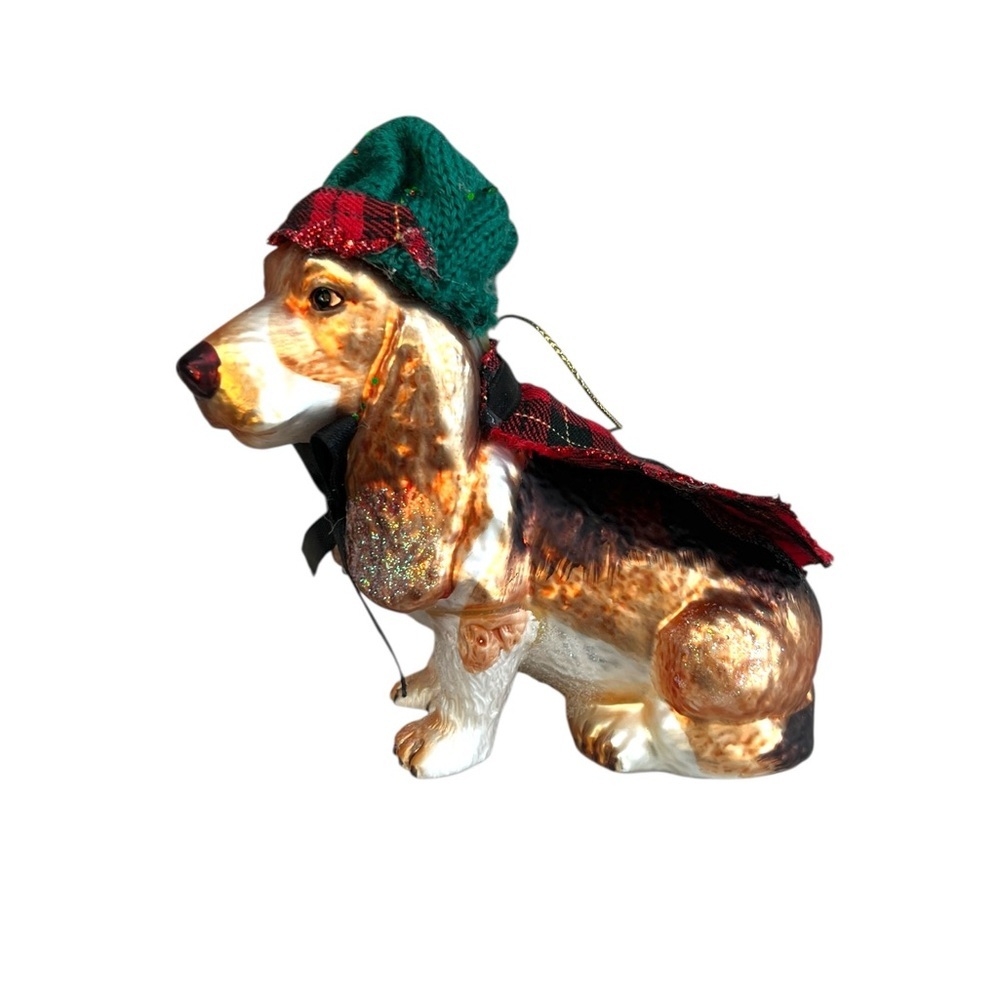 Christmas Ornament Glass Hound Dog Plaid Cape & Green Cotton Hat Festive Dog